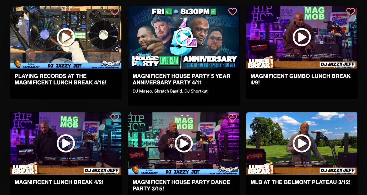 A collage of event thumbnails featuring DJ Jazzy Jeff and other DJs on a black background, showcasing past livestreams with vibrant graphics and text.