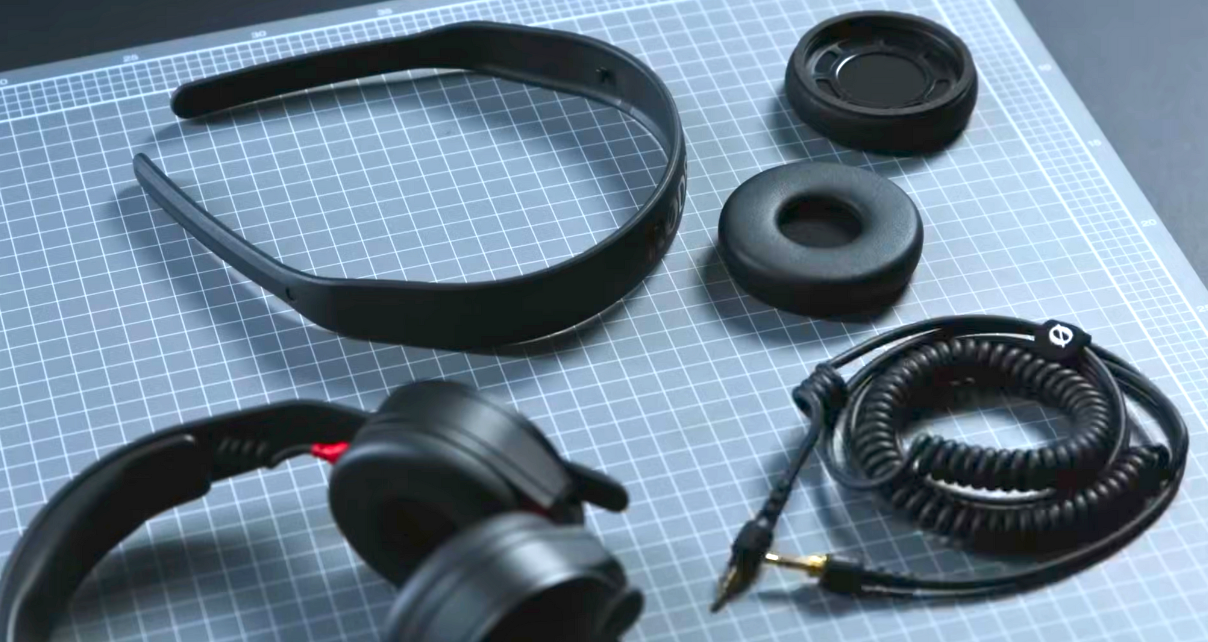 Disassembled black Røde NTH-50 headphones with a headband, ear cushions, and a coiled audio cable arranged on a grid-patterned mat. 