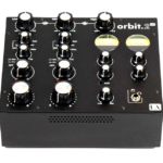 Union Audio Orbit.2 LE Rotary Mixer A small, black Union Audio Orbit.2 LE rotary mixer with multiple knobs and two level meters, labeled for low, mid, and high frequencies, plus various controls. The background is transparent.