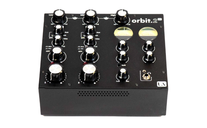 A small, black Union Audio Orbit.2 LE rotary mixer with multiple knobs and two level meters, labeled for low, mid, and high frequencies, plus various controls. The background is transparent.