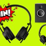 Two different pairs of black AIAIAI headphones, a pair of Unit-4 speakers, and a wireless transmitter against a lime green background with a "WIN!" comic-style graphic in white, red, and black.