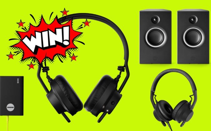 Two different pairs of black AIAIAI headphones, a pair of Unit-4 speakers, and a wireless transmitter against a lime green background with a "WIN!" comic-style graphic in white, red, and black.