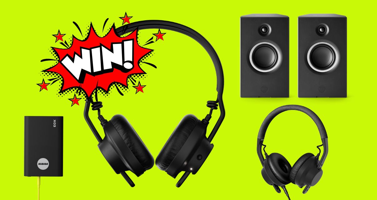 Two different pairs of black AIAIAI headphones, a pair of Unit-4 speakers, and a wireless transmitter against a lime green background with a "WIN!" comic-style graphic in white, red, and black.