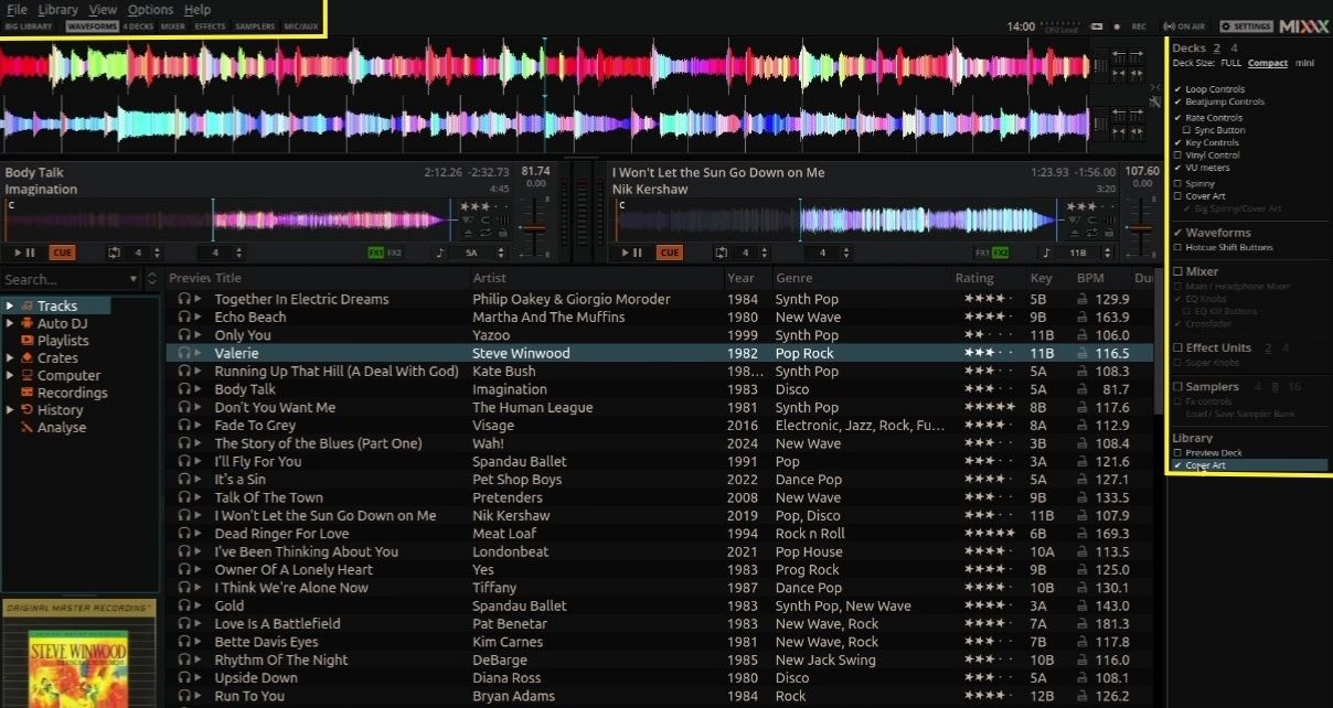 Screenshot of Mixxx DJ software interface displaying track list, waveforms, and options for mixing music, including search and library features.