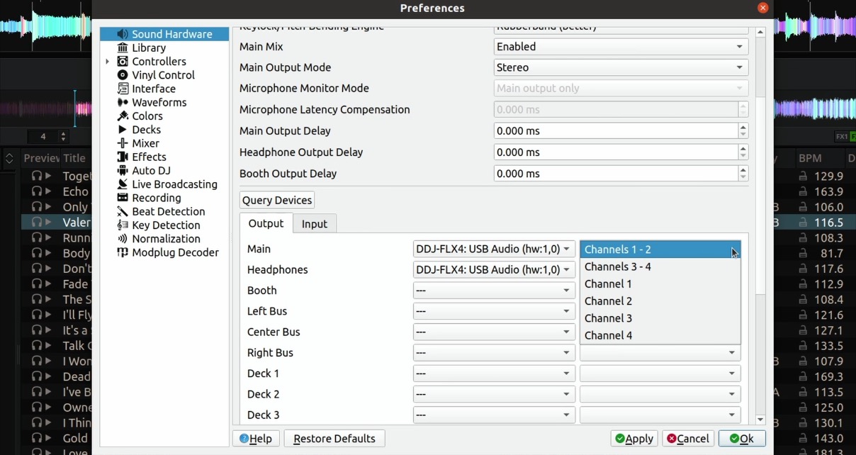 Screenshot of Mixxx audio software preferences displaying sound hardware settings, including output and input device options. 