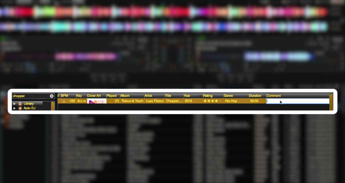 Screenshot of Mixxx DJ software displaying song details for "Chopper" by Lupe Fiasco, including BPM, album, year, genre, and duration. The comments section has a cursor, indicating that section is editable. The song details are sized up and highlighted in white in the foreground with a blurred library in the background. 