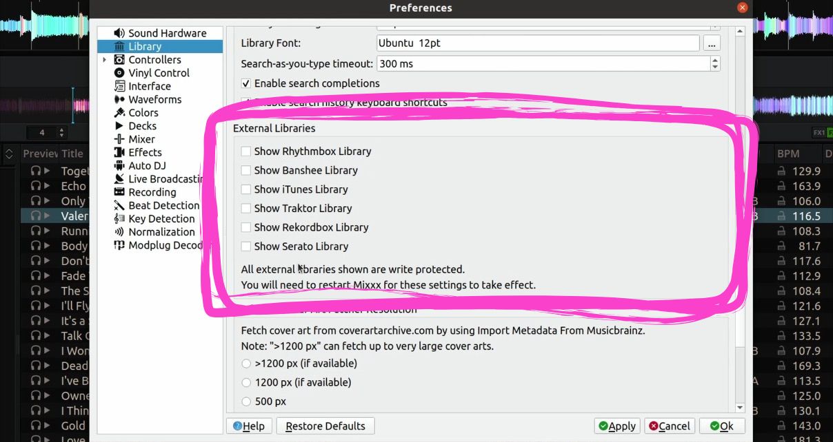 Screenshot of the Mixxx DJ software Preferences menu, with the External Libraries section highlighted in hot pink. These options include Rhythmbox Library, Banshee Library, iTunes Library, Traktor Library, Rekordbox Library, and Serato Library.  