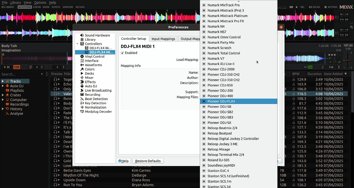 Screenshot of the Mixxx DJ software Preferences menu, Controllers sub-section. The selected controller is a DDJ-FLX4. Next to this is a small ticked box indicating it's enabled. A large drop-down menu on the right shows a whole list of compatible DJ controllers to choose from. 