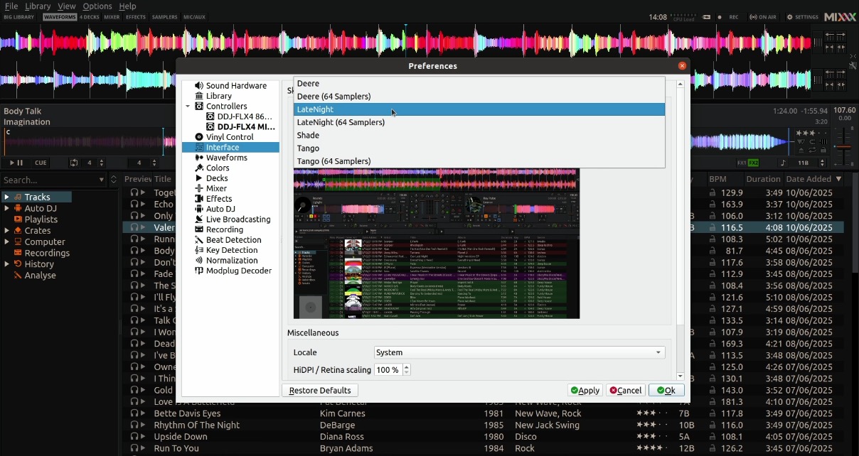 Screenshot of the Mixxx DJ software Preferences menu, Interface sub-section. A drop-down menu at the top shows seven different Skin options. A cursor hovers over the option titled "LateNight", highlighting it in cool blue. A preview of the Mixxx DJ software skin is shown below. 