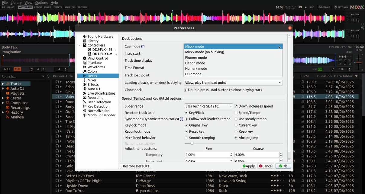 Screenshot of the Mixxx DJ software Preferences menu , Decks sub-section. The top section is showing Deck options. Beneath that, the Cue mode drop-down menu is visible, showing six different options. 