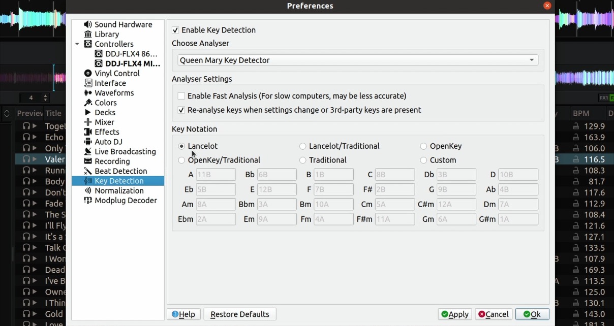 Screenshot of the Mixxx DJ software Preferences menu, Key Detection sub-section. Various settings can be toggled on and off, and three Key Notation systems are available. Lancelot key notation is currently selected. 