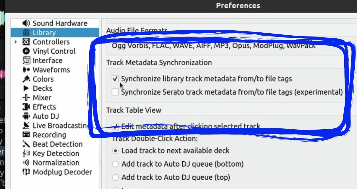 Screenshot of the Mixxx DJ software Preferences menu, Library sub-section. The Track Metadata Synchronization section is highlighted in a dark blue rectangle. "Synchronize library track metadata from/to file tags" is ticked. 