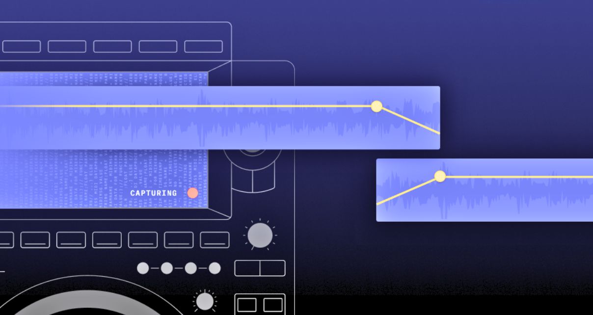 An abstract graphic of audio waveforms on a CDJ interface, highlighting the process of capturing and recording sound with a play button.