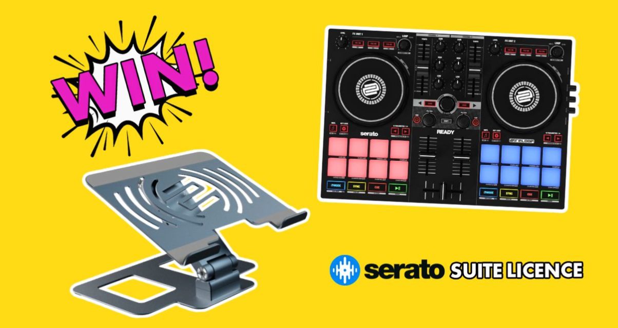 A colourful graphic showcasing a Reloop Ready DJ controller, a Reloop Stand Hub Pro, and the comic book-style text "WIN!" in pink on a bright yellow background. The bottom right had text that says "Serato Suite Licence".