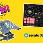 A colourful graphic showcasing a Reloop Ready DJ controller, a Reloop Stand Hub Pro, and the comic book-style text "WIN!" in pink on a bright yellow background. The bottom right had text that says "Serato Suite Licence".
