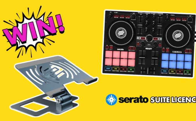 A colourful graphic showcasing a Reloop Ready DJ controller, a Reloop Stand Hub Pro, and the comic book-style text "WIN!" in pink on a bright yellow background. The bottom right had text that says "Serato Suite Licence".