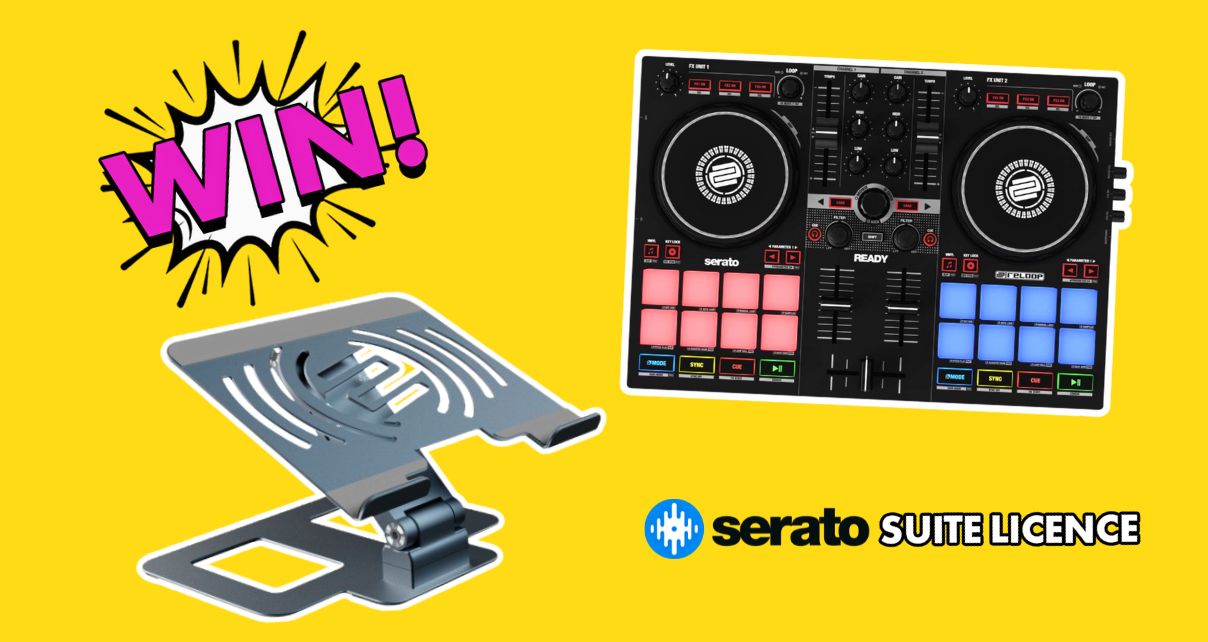 A colourful graphic showcasing a Reloop Ready DJ controller, a Reloop Stand Hub Pro, and the comic book-style text "WIN!" in pink on a bright yellow background. The bottom right had text that says "Serato Suite Licence".