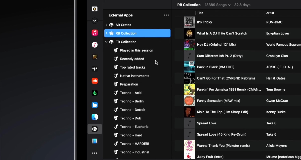 Djay Pro 5.4 library interface, showing the External Apps feature in use. On the left are various collections from different DJ platforms. The "RB Collection" is highlighted in blue, and the songs are displayed on the right. 