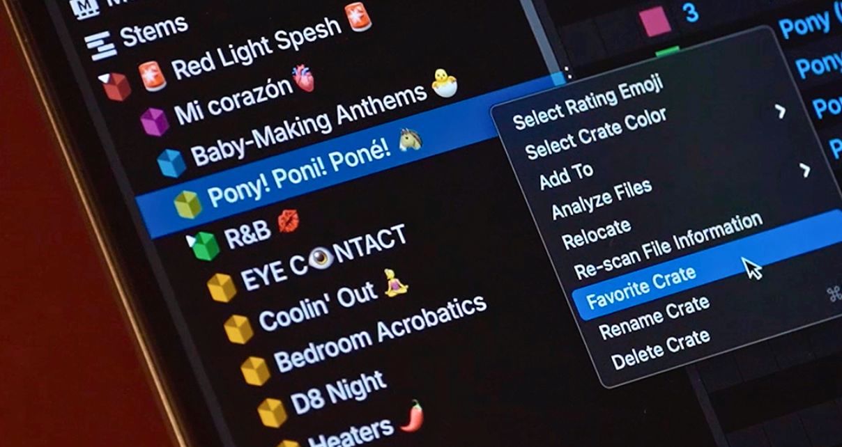 Serato DJ Pro 4.0 beta interface displaying a list of crates with different options in the drop-down menu, including "Favorite Crate" selection.