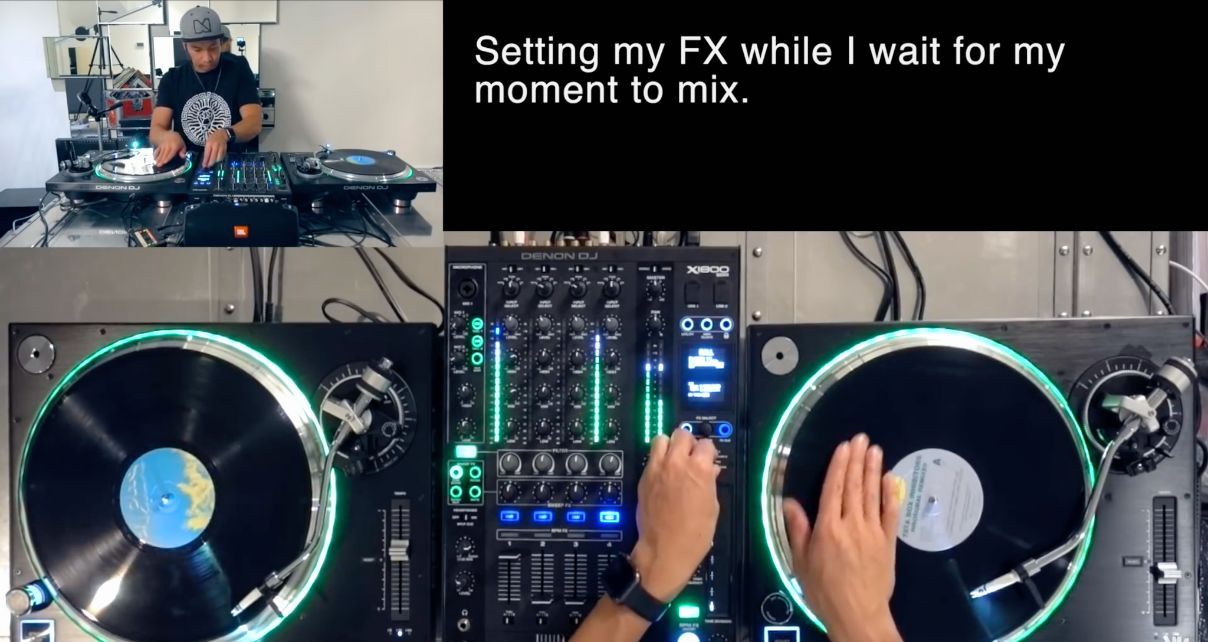 A screengrab of Laidback Luke's "In My Mind" video series. In the top left corner you can see Luke standing in his studio behind a full vinyl DJ set-up. Along the bottom is an overhead shot of Luke mixing on gear, one hand on a record and the other on a mixer control. In the top right is a black rectangle with the words "Setting my FX while I wait for my moment to mix."