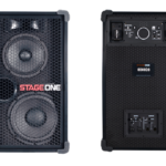A black dual-speaker system with a hexagonal grille, labeled "STAGE ONE," in red and white lettering, showcasing front speakers and back panel connections.