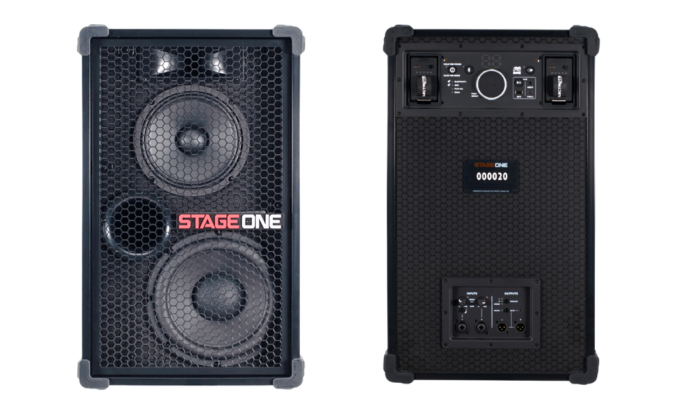 A black dual-speaker system with a hexagonal grille, labeled "STAGE ONE," in red and white lettering, showcasing front speakers and back panel connections.