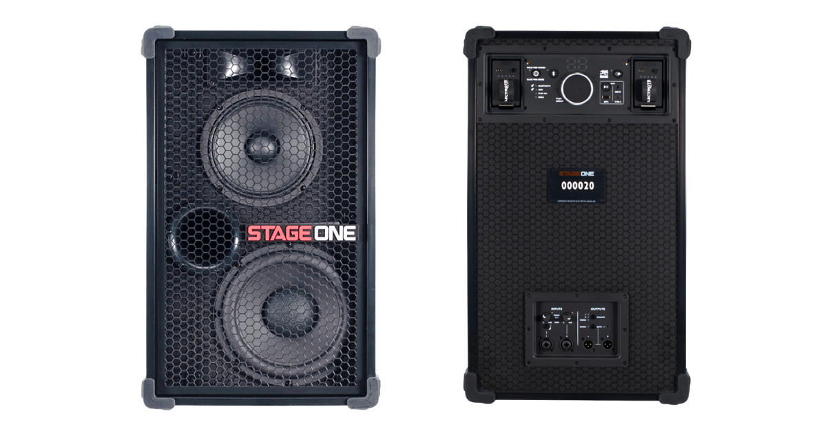 A black dual-speaker system with a hexagonal grille, labeled "STAGE ONE," in red and white lettering, showcasing front speakers and back panel connections.
