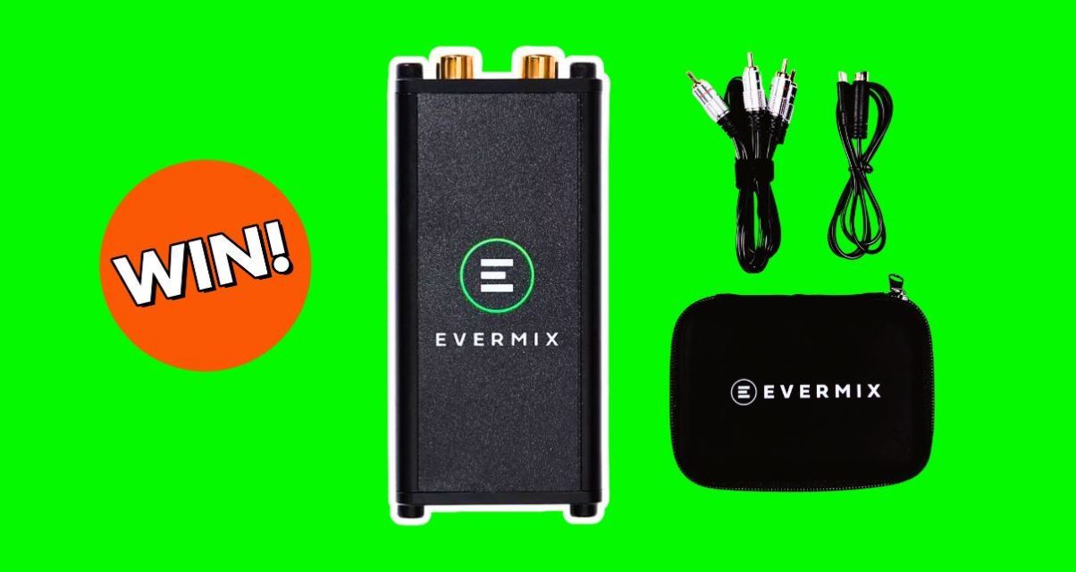 A black Evermixbox5 device with cables and a carrying case on a bright green background, accompanied by a circular, bold, orange and white "WIN!" graphic.