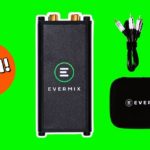 A black Evermixbox5 device with cables and a carrying case on a bright green background, accompanied by a circular, bold, orange and white "WIN!" graphic.