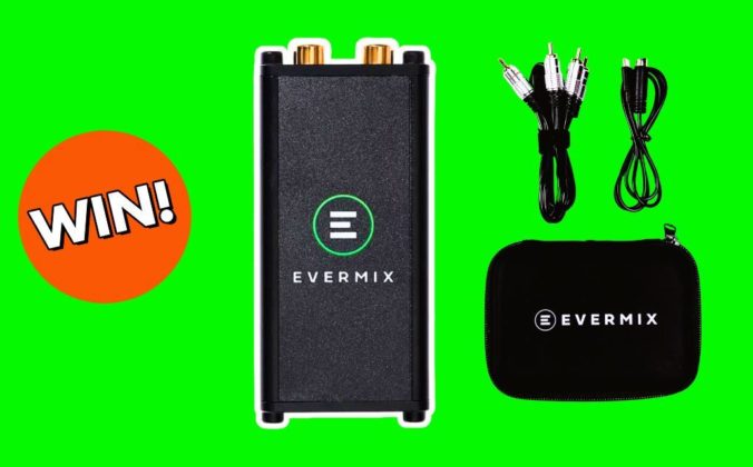 A black Evermixbox5 device with cables and a carrying case on a bright green background, accompanied by a circular, bold, orange and white "WIN!" graphic.