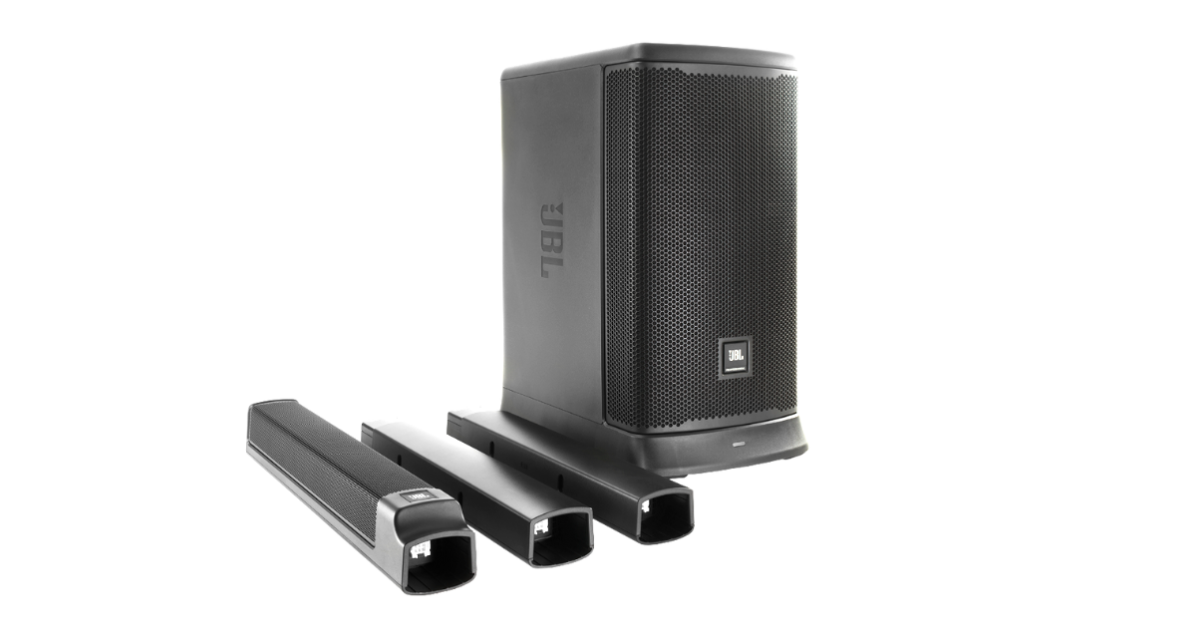 A product shot of a single black JBL Eon One Mk2 speaker against a transparent background.