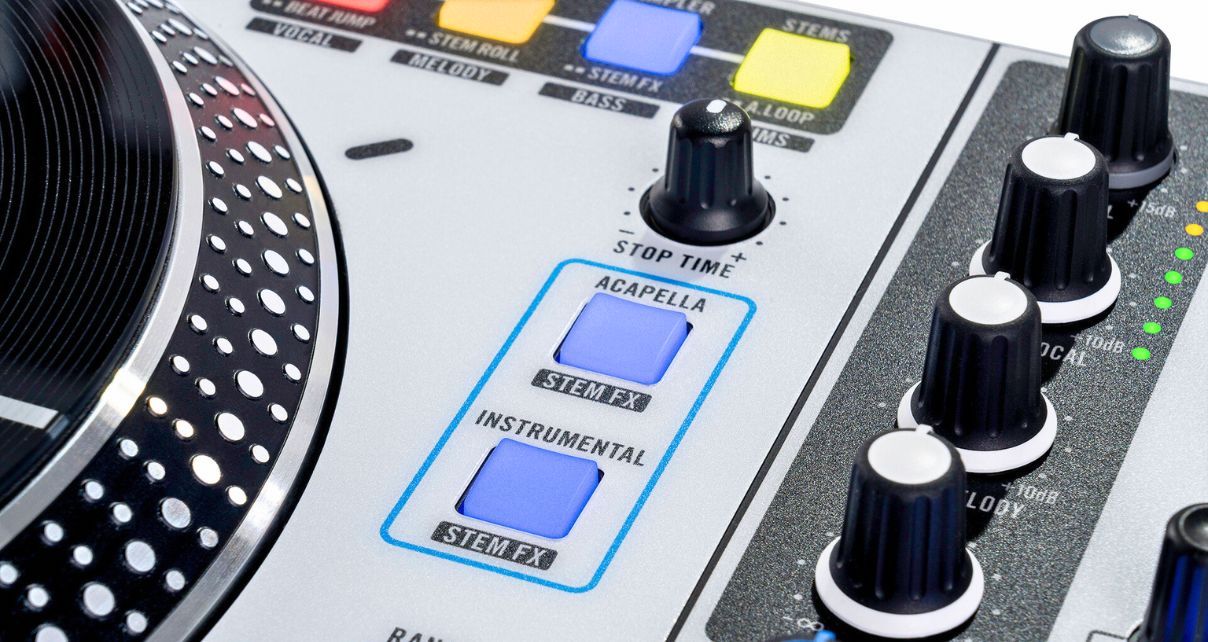 Close-up view of stems controls on the Rane One MkII DJ controller.