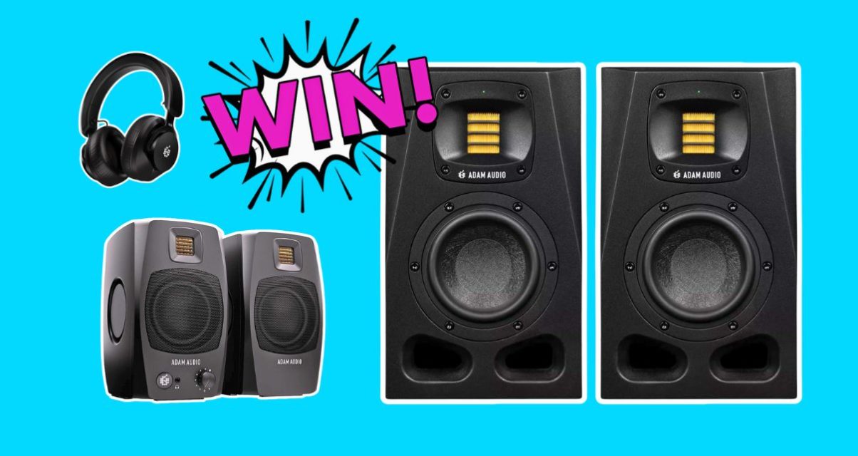 Two pairs of Adam Audio speakers and a pair of headphones on a light blue background. There is a comic book-style white, black, and hot pink graphic that says "Win!".