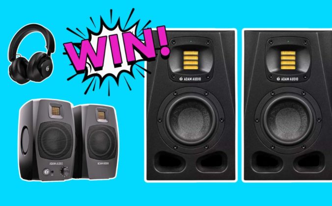Two pairs of Adam Audio speakers and a pair of headphones on a light blue background. There is a comic book-style white, black, and hot pink graphic that says "Win!".