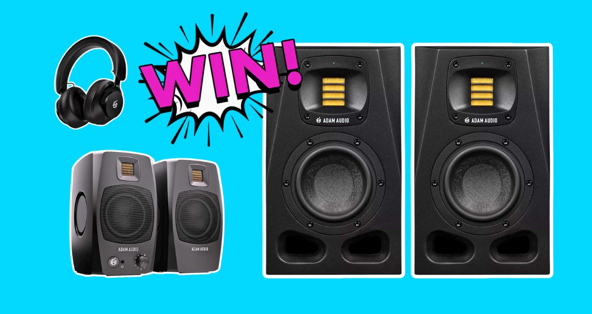 Two pairs of Adam Audio speakers and a pair of headphones on a light blue background. There is a comic book-style white, black, and hot pink graphic that says "Win!".