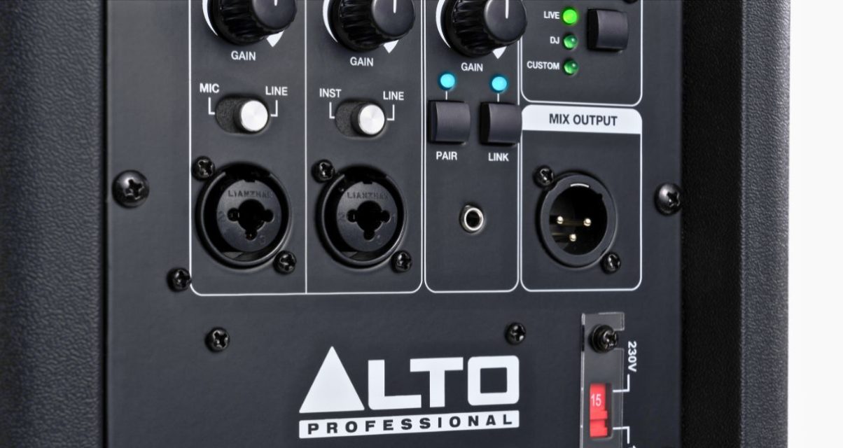 Rear panel view of an Alto Pro column array speaker.