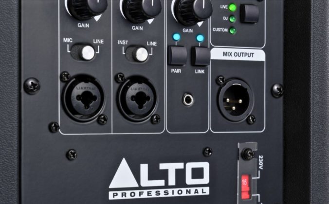 Rear panel view of an Alto Pro column array speaker.