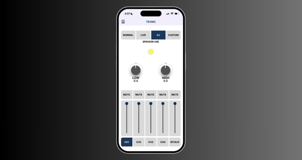 The Alto Pro speaker app on a smartphone, displayed against a black gradient background.