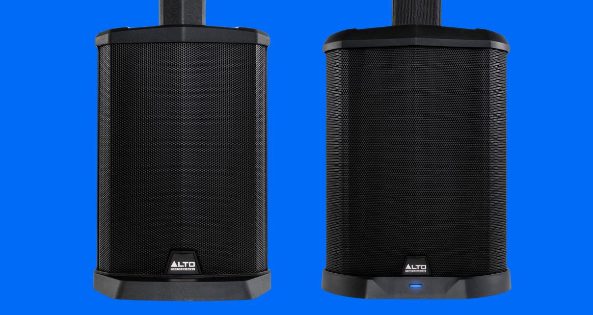 Two black Alto Pro column array speakers next to each other, displayed against a royal blue background.