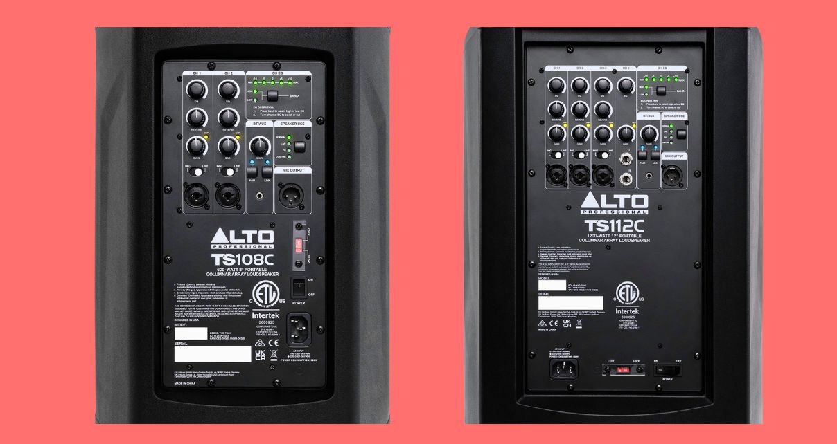 The rear mixer panels on two Alto Pro column array speakers, set against a light red background.