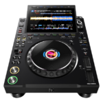 Front angled view of a single black AlphaTheta CDJ-3000x media player against a transparent background.