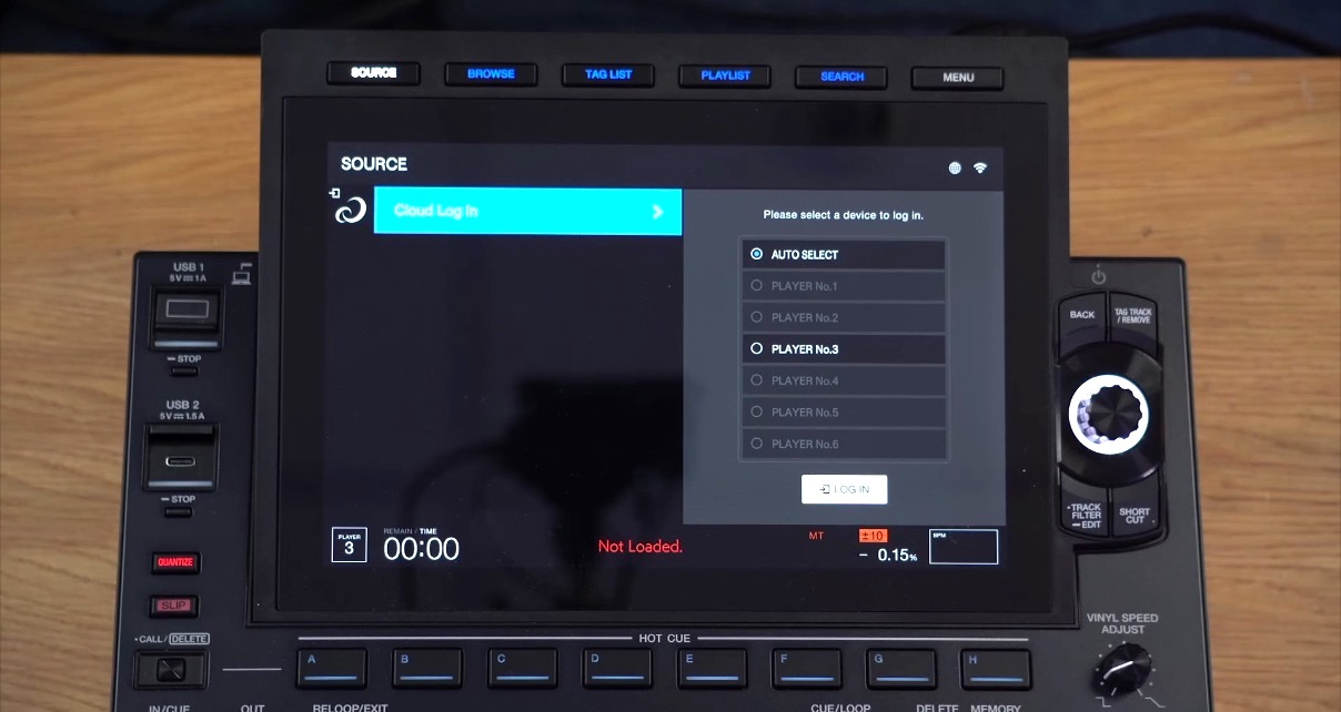 Close-up on the AlphaTheta CDJ-3000X Cloud login screen. 