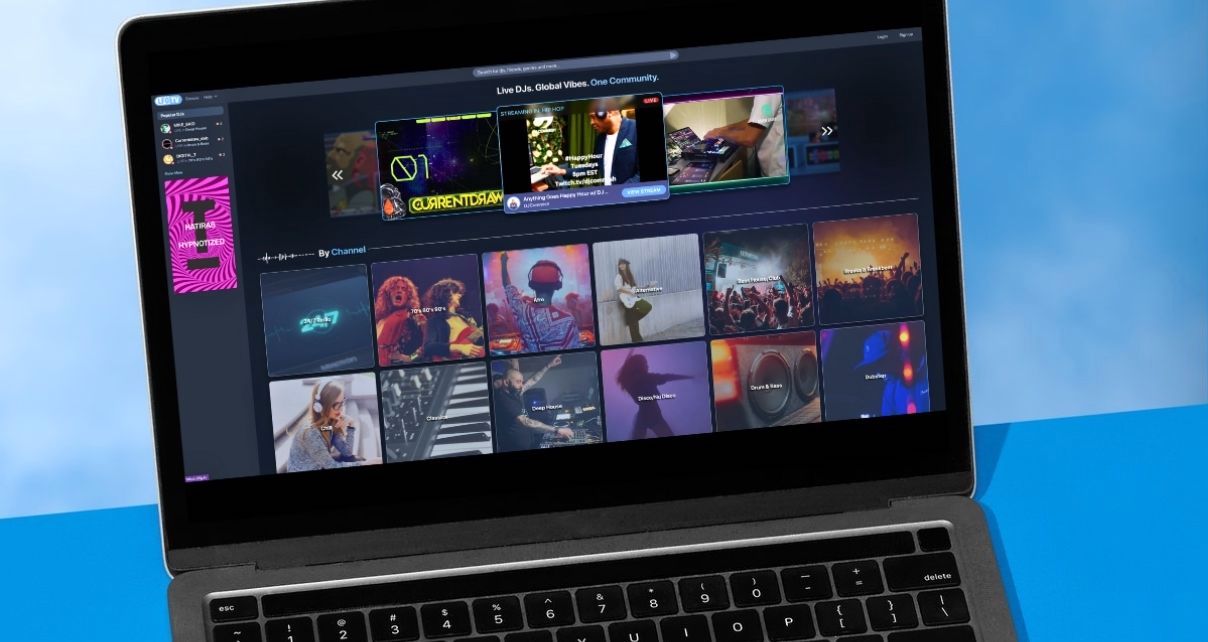 A silver laptop against a sky blue background, displaying various genres and livestreams on DJ-specific streaming platform LFG.TV