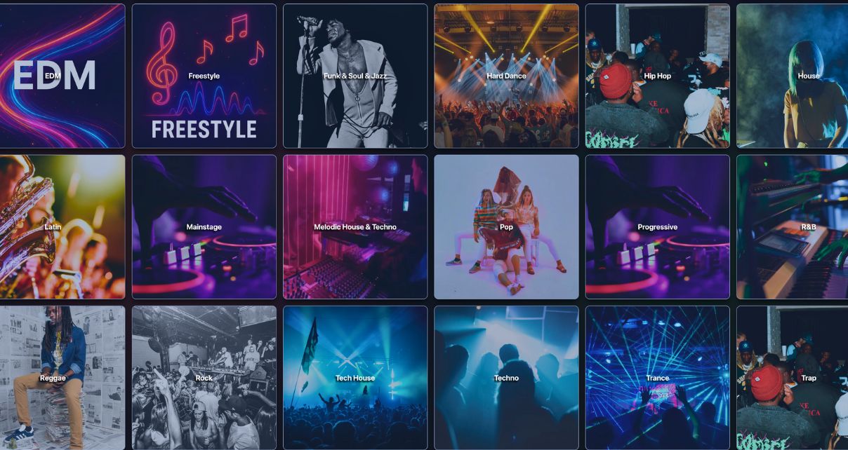 Three rows of six clickable photos, each one highlighting a different musical genre. 