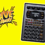 A Roland SP-404MKII sampler on a bright yellow background. There's an orange and black graphic to the left that reads "Giveaway".