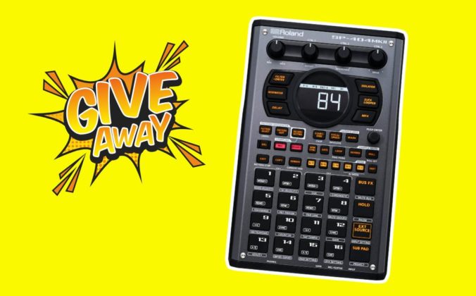 A Roland SP-404MKII sampler on a bright yellow background. There's an orange and black graphic to the left that reads "Giveaway".