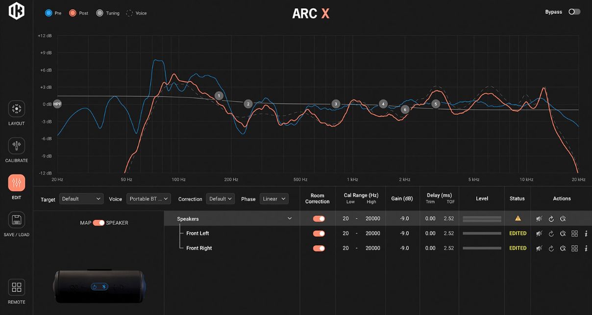 The image displays ARC X software, an audio calibration interface showing frequency response graphs, speaker settings, and adjustment options.