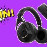 A pair of black HDJ-F10-TX Wireless DJ Headphones outlined in white, set against a bright purple background. There's a yellow, black, and white comic book-style "Win!" graphic in the top left corner.