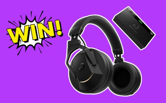 A pair of black HDJ-F10-TX Wireless DJ Headphones outlined in white, set against a bright purple background. There's a yellow, black, and white comic book-style "Win!" graphic in the top left corner.