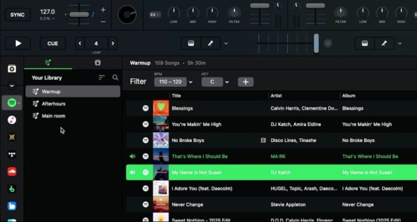 A Spotify playlist inside Djay Pro software.